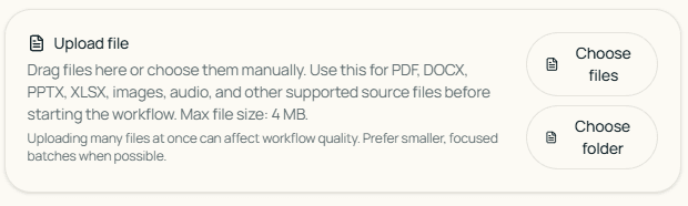 Novus upload flow showing a user adding source files before starting organization.
